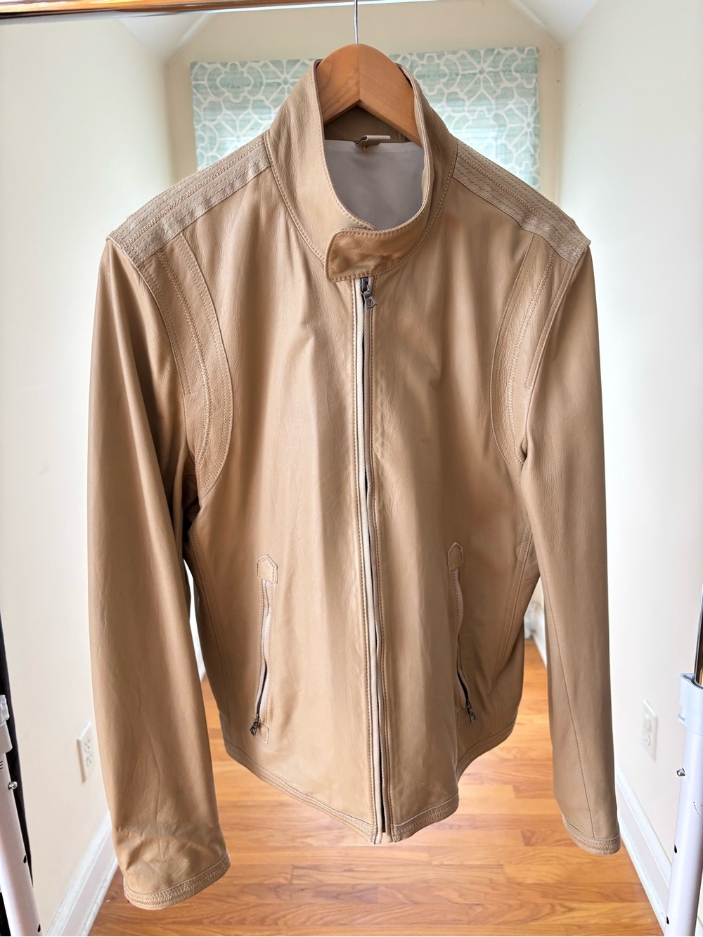 Elie Tahari Men's Beige Leather Bomber Jacket Size S